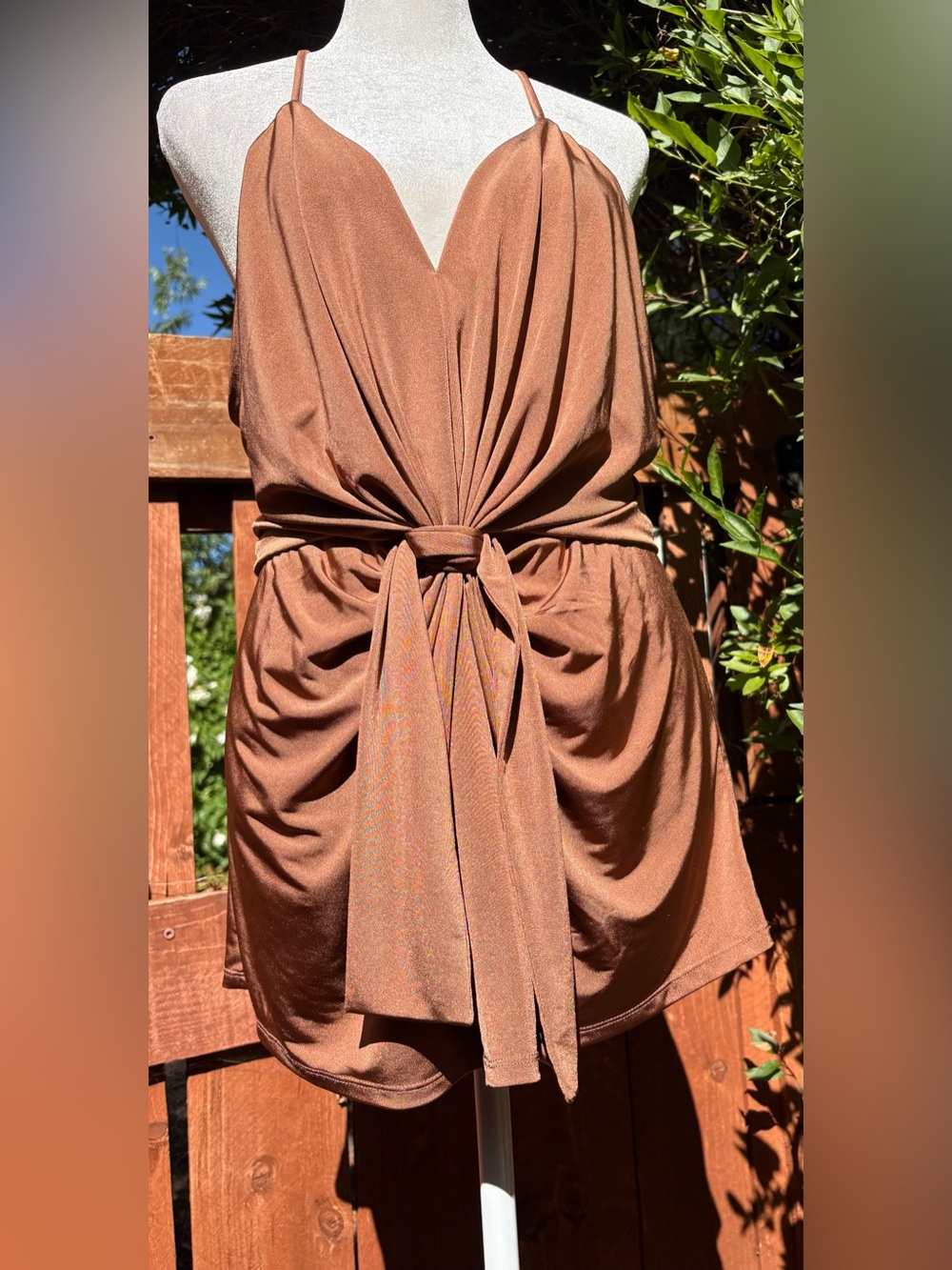 Express Bronze Metallic Halter Top Size Medium Open Cowl Back Tie Waist